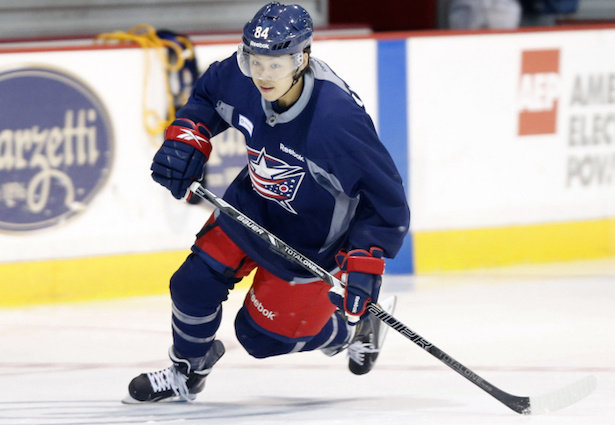 Defenseman Ryo Hashimoto runs through skating drills during the second day of Blue Jackets development camp at the Ice Haus at Nationwide Arena in Columbus on July 8, 2014. (Adam Cairns / The Columbus Dispatch)